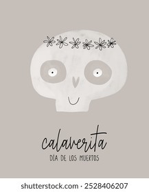 Funny Halloween Print With Calaverita. Halloween Hand Drawn Vector Illustration with Cute Skull in Floral Wreath. Happy Skull on a Gray Background. Dia de los Muertos - Day of the Dead. RGB.