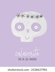 Funny Halloween Print With Calaverita. Halloween Hand Drawn Vector Illustration with Cute Skull in Floral Wreath. Happy Skull on a Violet Background. Dia de los Muertos - Day of the Dead. RGB.