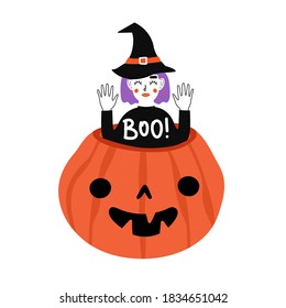 Funny halloween print design with purple hair witch sitting in orange pumpkin. Boo lettering word. Vector illustration, holiday colored greeting card, home decoration party typography poster