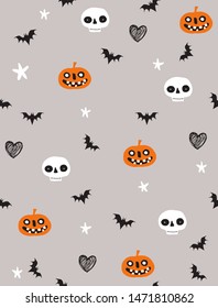 Funny Halloween Print with Pumpkins, Bats and Skulls Isolated on a Gray Background. White Stars and Black Bat Among Skulls and Pumpkins. Halloween Vector Print for Fabric. Halloween Wallpaper.