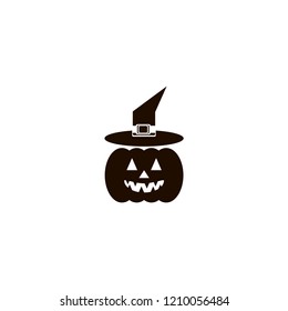 Funny Halloween Pumpkin in a big black witch's hat icon. flat design