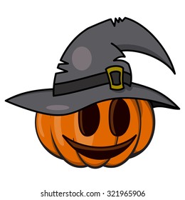 Funny Halloween Pumpkin in a big black witch's hat isolated on white background.