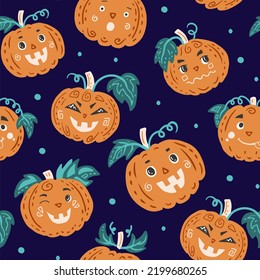 Funny Halloween pumpkin character seamless pattern. Cute hand drawn various pumpkins emotions colorful seamless background in cartoon style. Childish greeting vector illustration for celebration