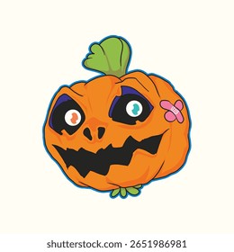 Funny Halloween pumpkin character sticker illustration featuring a quirky expression, playful creepy vibe, and big spooky smile. Perfect for seasonal party decor, prints, and fun designs.
