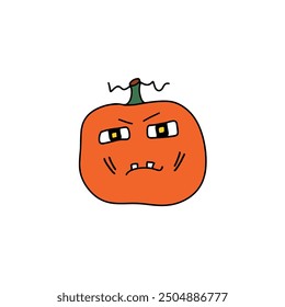 Funny Halloween pumpkin emoji illustration isolate. Jack-O-Lantern Emoji. Pumpkin logo, print, sticker, tattoo. Stylized art Halloween pumpkin print on fabric, paper. Halloween decorations.