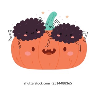 Abóbora de Halloween engraçado com aranhas macias.conceito de Halloween feliz. Engraçado, excêntrico clipart com personagem para adesivo, convite, banner.