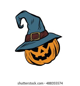 Funny Halloween pumpkin hat pilgrim, pop art retro vector illustration. The character sticker for the fall festival or carnival