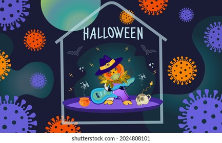 Funny Halloween Pumpkin Illustration In The Context Of Coronavirus. Terrifying Bacterial Background Around The House. Take Care Of Yourself, Celebrate The Holidays At Home In A Narrow Circle. Vector.