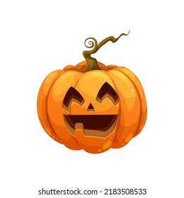 Funny Halloween Pumpkin Lantern, Holiday Character With Scary Smile And Spooky Face, Cartoon Vector. Halloween Holiday Trick Or Treat Party Pumpkin With Creepy Grin Smile And Teeth Carving