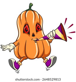 funny halloween pumpkin mascot blow the party horn trumpet, vector cartoon illustration isolated on transparent background, work of hand drawn