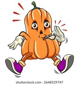 funny halloween pumpkin mascot blowing the whistle, vector cartoon illustration isolated on transparent background, work of hand drawn