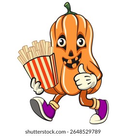 funny halloween pumpkin mascot brought a box of french fries, vector cartoon illustration isolated on transparent background, work of hand drawn