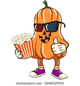 funny halloween pumpkin mascot with a bucket of popcorn with wearing 3d glasses, vector cartoon illustration isolated on transparent background, work of hand drawn