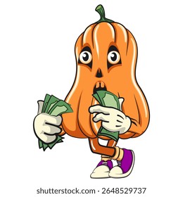 funny halloween pumpkin mascot carrying money, vector cartoon illustration isolated on transparent background, work of hand drawn