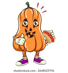 funny halloween pumpkin mascot carrying a hotdog while giving a thumbs up, vector cartoon illustration isolated on transparent background, work of hand drawn