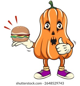 funny halloween pumpkin mascot carrying a burger while giving a thumbs up, vector cartoon illustration isolated on transparent background, work of hand drawn