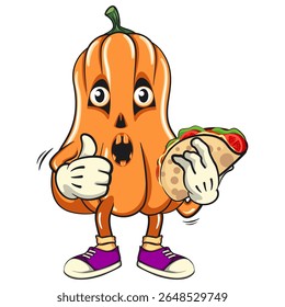 funny halloween pumpkin mascot carrying a taco while giving a thumbs up, vector cartoon illustration isolated on transparent background, work of hand drawn