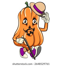 funny halloween pumpkin mascot carrying a stick and saluting with raised hat, vector cartoon illustration isolated on transparent background, work of hand drawn