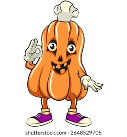 funny halloween pumpkin mascot chef gives delicious sign, vector cartoon illustration isolated on transparent background, work of hand drawn