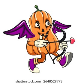 funny halloween pumpkin mascot cupid with bat wings and the arrow of love, vector cartoon illustration isolated on transparent background, work of hand drawn