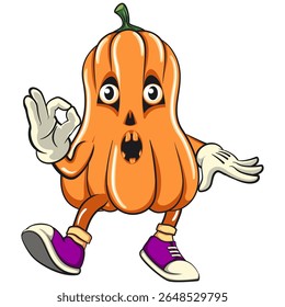 funny halloween pumpkin mascot dancing while giving the okay sign, vector cartoon illustration isolated on transparent background, work of hand drawn