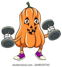 funny halloween pumpkin mascot doing barbell lifting workout, vector cartoon illustration isolated on transparent background, work of hand drawn