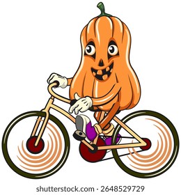 funny halloween pumpkin mascot enjoy riding a bike, vector cartoon illustration isolated on transparent background, work of hand drawn