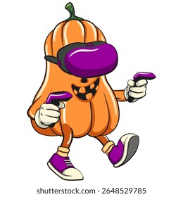 funny halloween pumpkin mascot entering virtual reality with technology, vector cartoon illustration isolated on transparent background, work of hand drawn