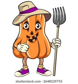 funny halloween pumpkin mascot as farmer with his fork, vector cartoon illustration isolated on transparent background, work of hand drawn