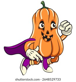 funny halloween pumpkin mascot as flying superhero wearing a robe, vector cartoon illustration isolated on transparent background, work of hand drawn