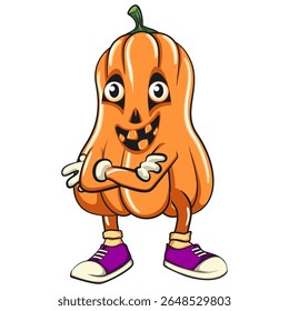funny halloween pumpkin mascot folding his arms calmly, vector cartoon illustration isolated on transparent background, work of hand drawn