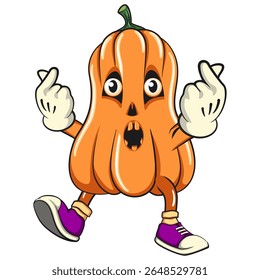funny halloween pumpkin mascot giving a sign of love with two hand, vector cartoon illustration isolated on transparent background, work of hand drawn