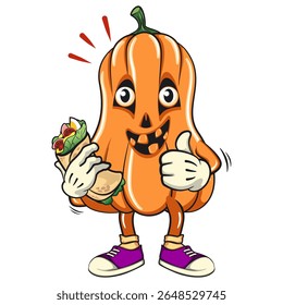 funny halloween pumpkin mascot have a burritos while giving thumbs up, vector cartoon illustration isolated on transparent background, work of hand drawn