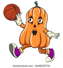 funny halloween pumpkin mascot jump and fly shooting the basketball, vector cartoon illustration isolated on transparent background, work of hand drawn
