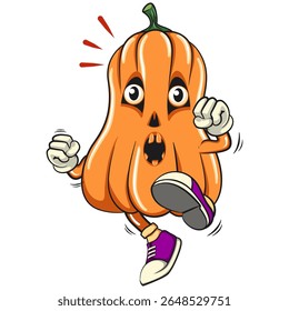 engraçado halloween mascote de abóbora pulando e chutando, ilustração de desenho animado vetor isolado no fundo transparente, trabalho de mão desenhada