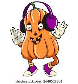 funny halloween pumpkin mascot listening to headset while dancing calm, vector cartoon illustration isolated on transparent background, work of hand drawn