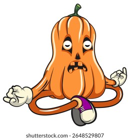 funny halloween pumpkin mascot meditating, vector cartoon illustration isolated on transparent background, work of hand drawn