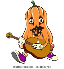 funny halloween pumpkin mascot with moustache playing guitar, vector cartoon illustration isolated on transparent background, work of hand drawn