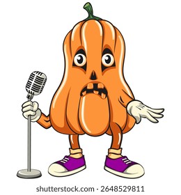 mascote de abóbora de halloween engraçado na frente do microfone, ilustração de desenho animado vetor isolado no fundo transparente, trabalho de mão desenhada