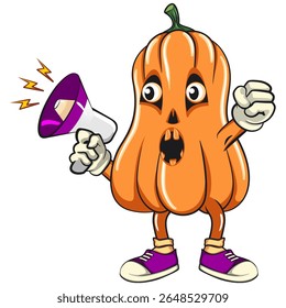 funny halloween pumpkin mascot out loud with loudspeaker, vector cartoon illustration isolated on transparent background, work of hand drawn