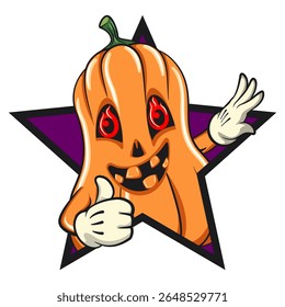 funny halloween pumpkin mascot out from of a star by giving a thumbs up sign, vector cartoon illustration isolated on transparent background, work of hand drawn