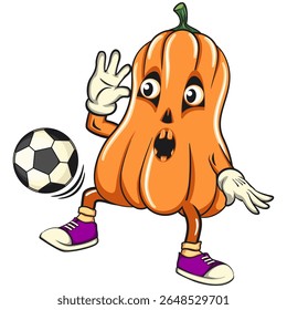 funny halloween pumpkin mascot play football or soccer, vector cartoon illustration isolated on transparent background, work of hand drawn