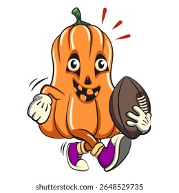 funny halloween pumpkin mascot playing rugby or american football, vector cartoon illustration isolated on transparent background, work of hand drawn