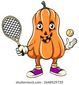 funny halloween pumpkin mascot playing tennis, vector cartoon illustration isolated on transparent background, work of hand drawn