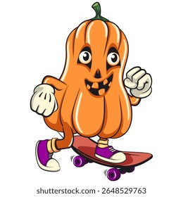 funny halloween pumpkin mascot playing skateboard, vector cartoon illustration isolated on transparent background, work of hand drawn