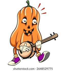 funny halloween pumpkin mascot playing the banjo musical instrumen, vector cartoon illustration isolated on transparent background, work of hand drawn