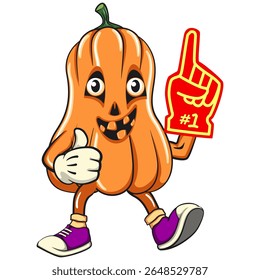 funny halloween pumpkin mascot raise foam finger,, vector cartoon illustration isolated on transparent background, work of hand drawn