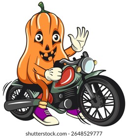 funny halloween pumpkin mascot riding a big motorcycle, vector cartoon illustration isolated on transparent background, work of hand drawn