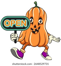 funny halloween pumpkin mascot showing a sign that says open, vector cartoon illustration isolated on transparent background, work of hand drawn