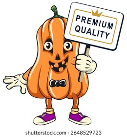 funny halloween pumpkin mascot a sign that says premium quality, vector cartoon illustration isolated on transparent background, work of hand drawn